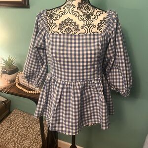 Blue Gingham Puff Sleeve Top size Medium